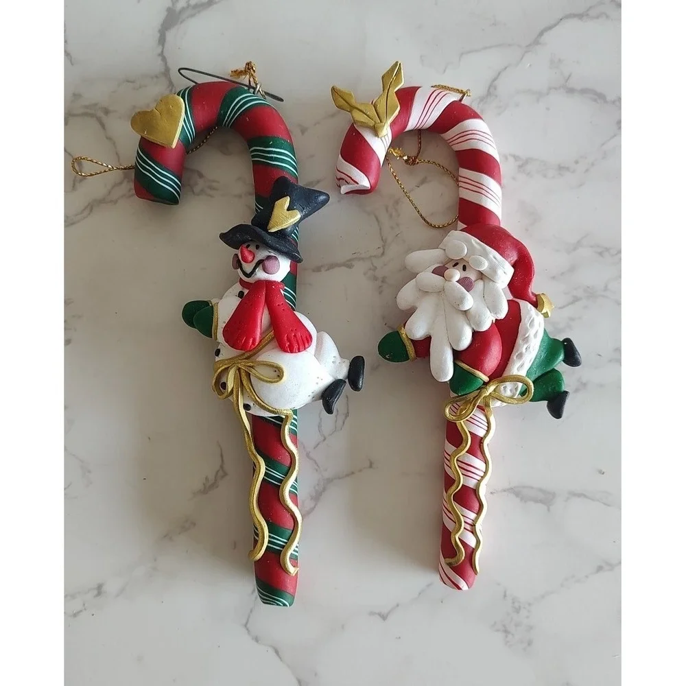 VTG Striped Candy Cane Christmas Tree Ornament Set Of 2 Santa Snowman B11